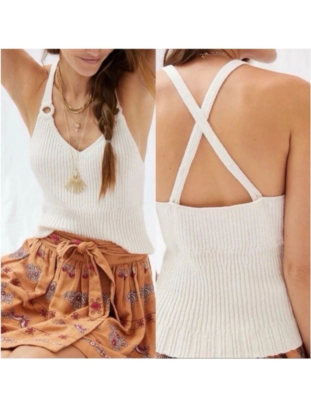 Anthropologie Cream Ribbed Crossback Knit Tank